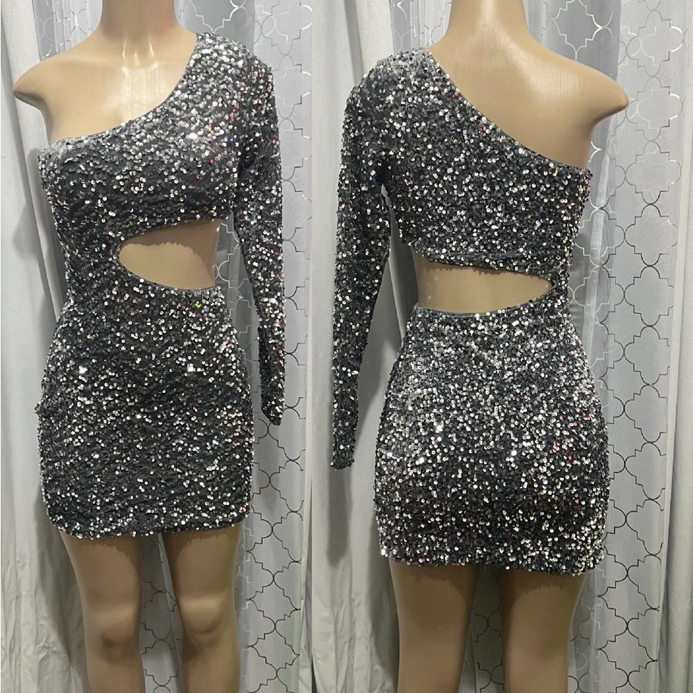 Silver Sequin One-Shoulder Dress